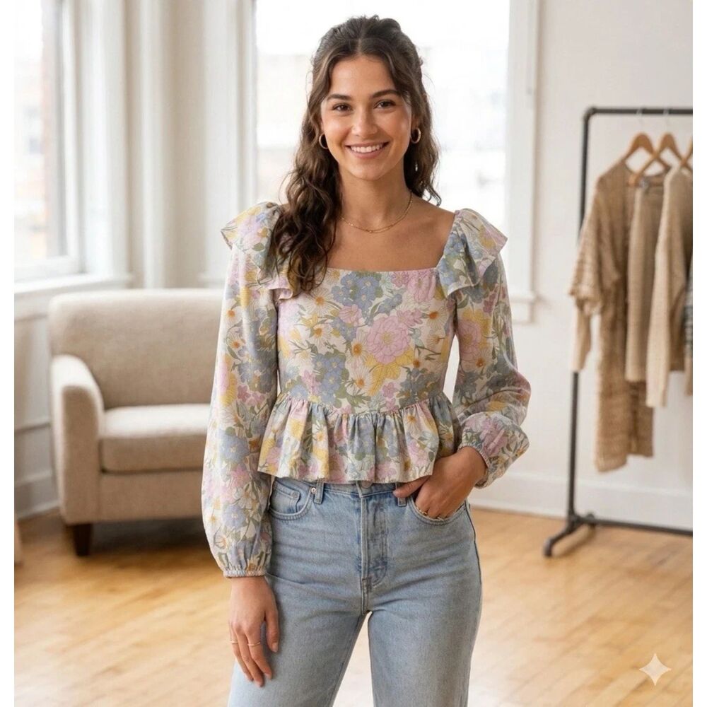 Sunday Mi Amor Blouse Womens Small Floral Cropped Peplum Smocked Peasant fairy